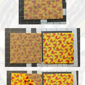 K&ouml;nnte beinhalten: Drei gelbe Stoffquadrate mit verschiedenen Mustern. Das erste Quadrat hat ein rotes und schwarzes Gittermuster. Das zweite Quadrat hat ein rotes Vogelmuster auf gelbem Hintergrund. Das dritte Quadrat hat ein rotes Vogelmuster auf gelbem Hintergrund, wobei eine Ecke des ersten Quadrats sichtbar ist.
