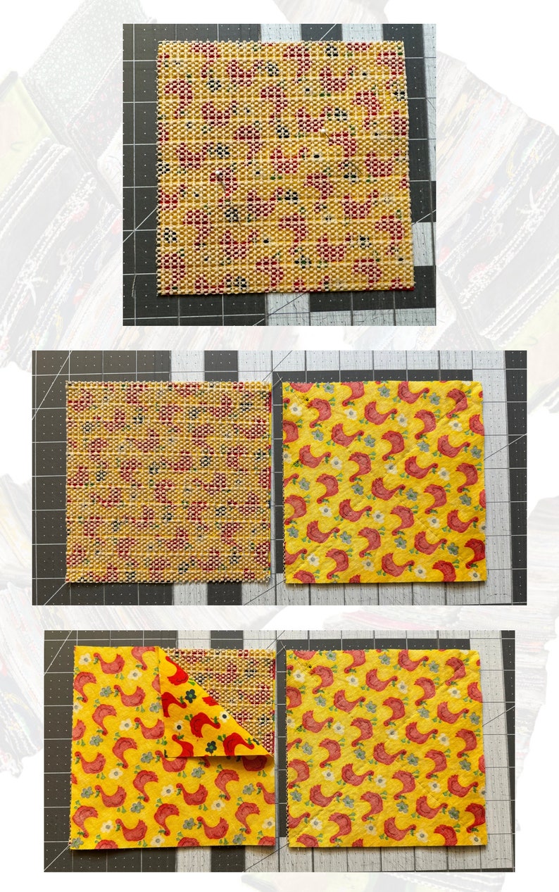 K&ouml;nnte beinhalten: Drei gelbe Stoffquadrate mit verschiedenen Mustern. Das erste Quadrat hat ein rotes und schwarzes Gittermuster. Das zweite Quadrat hat ein rotes Vogelmuster auf gelbem Hintergrund. Das dritte Quadrat hat ein rotes Vogelmuster auf gelbem Hintergrund, wobei eine Ecke des ersten Quadrats sichtbar ist.