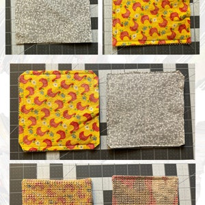 K&ouml;nnte beinhalten: Vier verschiedene Stoffquadrate mit verschiedenen Mustern. Das erste Quadrat ist grau mit einem wei&szlig;en Blumenmuster. Das zweite Quadrat ist gelb mit einem roten Blumenmuster. Das dritte Quadrat ist grau mit einem wei&szlig;en Blumenmuster. Das vierte Quadrat ist gelb mit einem roten und wei&szlig;en gewebten Muster.