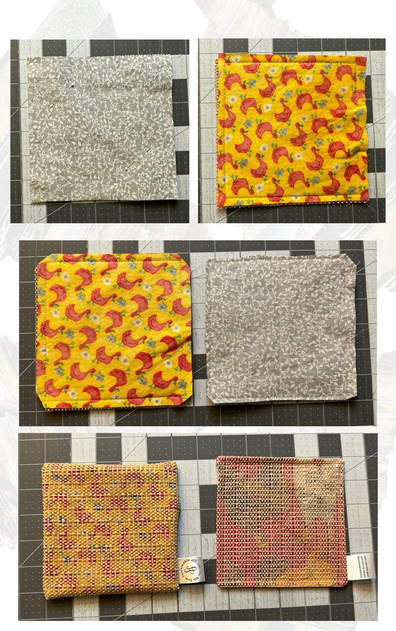 K&ouml;nnte beinhalten: Vier verschiedene Stoffquadrate mit verschiedenen Mustern. Das erste Quadrat ist grau mit einem wei&szlig;en Blumenmuster. Das zweite Quadrat ist gelb mit einem roten Blumenmuster. Das dritte Quadrat ist grau mit einem wei&szlig;en Blumenmuster. Das vierte Quadrat ist gelb mit einem roten und wei&szlig;en gewebten Muster.