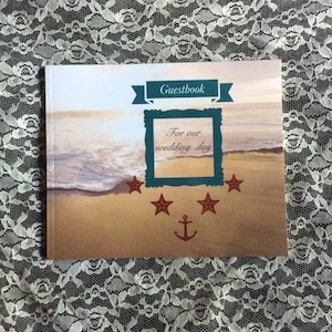 Wedding guestbook, beach wedding, ocean guestbook, teal, tan, sunset, friendship