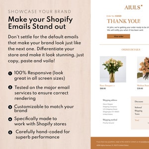 K&ouml;nnte beinhalten: Ein Screenshot einer Shopify-E-Mail-Vorlage, die die Vorteile der Verwendung von benutzerdefinierten E-Mail-Vorlagen hervorhebt. Die Vorlage hat einen hellbraunen Hintergrund mit einem wei&szlig;en Textfeld, das die Vorteile der Verwendung von benutzerdefinierten E-Mail-Vorlagen beschreibt. Die Vorteile umfassen: 100 % responsiv, auf wichtigen E-Mail-Diensten getestet, anpassbar an Ihre Marke, speziell f&uuml;r die Verwendung mit Shopify-Shops entwickelt und sorgf&auml;ltig von Hand codiert f&uuml;r hervorragende Leistung. Die E-Mail enth&auml;lt auch eine Dankesnachricht und Bestelldetails.