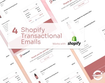 Könnte beinhalten: Ein Mockup einer Shopify-Transaktions-E-Mail-Vorlage mit einem rosa und weißen Farbschema. Die E-Mail enthält eine Dankesnachricht, Bestelldetails und einen Button zum Anzeigen der Bestellung. Die E-Mail enthält auch ein Logo für ein Unternehmen namens "logoipsum".