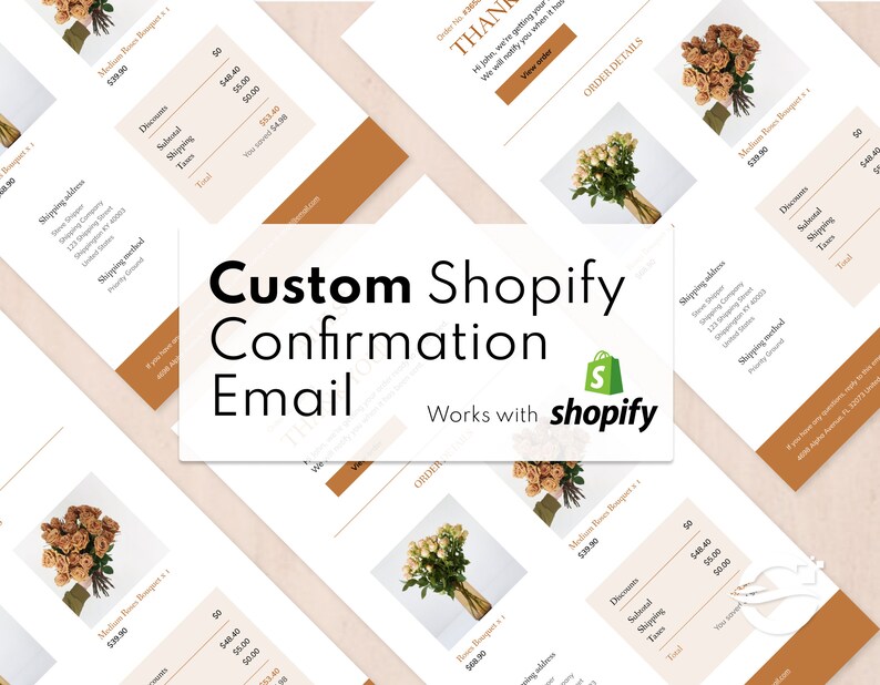 K&ouml;nnte beinhalten: Ein Mockup einer benutzerdefinierten Shopify-Bestellbest&auml;tigungs-E-Mail-Vorlage. Die E-Mail verf&uuml;gt &uuml;ber ein braunes und wei&szlig;es Farbschema mit einem floralen Design. Die E-Mail enth&auml;lt eine Dankesnachricht, Bestelldetails und einen Button zum Anzeigen der Bestellung. Die E-Mail enth&auml;lt auch einen Abschnitt f&uuml;r die Lieferadresse und die Versandart.