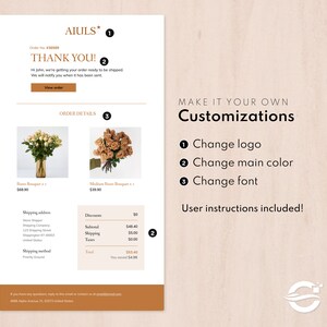 K&ouml;nnte beinhalten: Eine Dankeseite f&uuml;r eine Online-Bestellung von Rosen. Die Seite enth&auml;lt Bestelldetails, Versandinformationen und Anpassungsm&ouml;glichkeiten. Zu den Anpassungsm&ouml;glichkeiten geh&ouml;ren das &Auml;ndern des Logos, der Hauptfarbe und der Schriftart. Die Seite enth&auml;lt auch Anweisungen f&uuml;r den Benutzer.