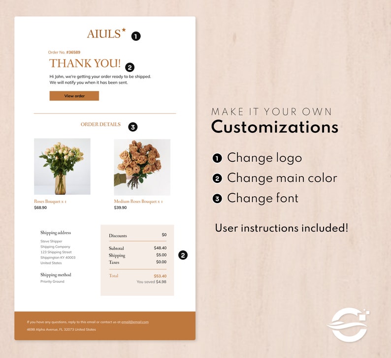 K&ouml;nnte beinhalten: Eine Dankeseite f&uuml;r eine Online-Bestellung von Rosen. Die Seite enth&auml;lt Bestelldetails, Versandinformationen und Anpassungsm&ouml;glichkeiten. Zu den Anpassungsm&ouml;glichkeiten geh&ouml;ren das &Auml;ndern des Logos, der Hauptfarbe und der Schriftart. Die Seite enth&auml;lt auch Anweisungen f&uuml;r den Benutzer.