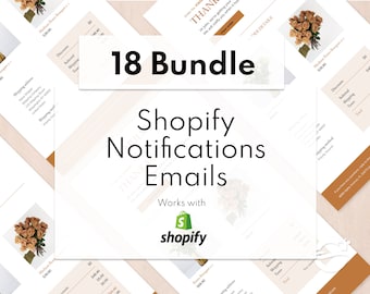 Könnte beinhalten: Ein digitales Produkt-Mockup, das 18 Shopify-Benachrichtigungs-E-Mails für Online-Shops zeigt. Das Mockup zeigt ein florales Design und den Text "18 Bundle Shopify Notifications Emails Works with shopify".