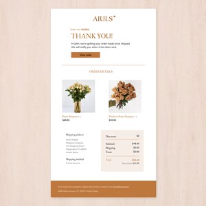 K&ouml;nnte beinhalten: Bestellbest&auml;tigungs-E-Mail von AIULS* f&uuml;r einen Rosenstrau&szlig;. Die E-Mail enth&auml;lt Bestelldetails, Lieferadresse und einen Gesamtpreis von 53,40 &euro;. Die E-Mail enth&auml;lt auch eine Nachricht, die dem Kunden f&uuml;r seine Bestellung dankt.