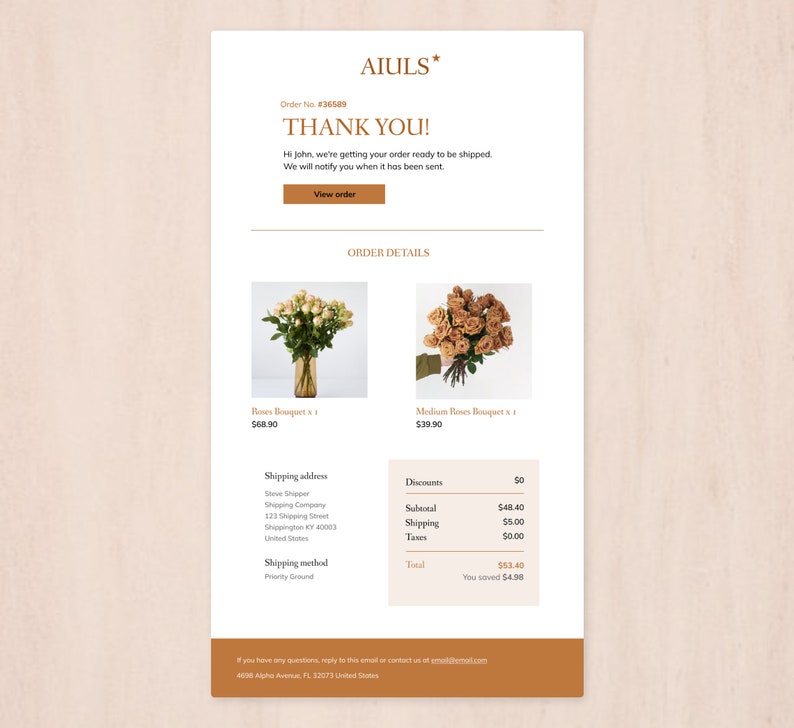 K&ouml;nnte beinhalten: Bestellbest&auml;tigungs-E-Mail von AIULS* f&uuml;r einen Rosenstrau&szlig;. Die E-Mail enth&auml;lt Bestelldetails, Lieferadresse und einen Gesamtpreis von 53,40 &euro;. Die E-Mail enth&auml;lt auch eine Nachricht, die dem Kunden f&uuml;r seine Bestellung dankt.
