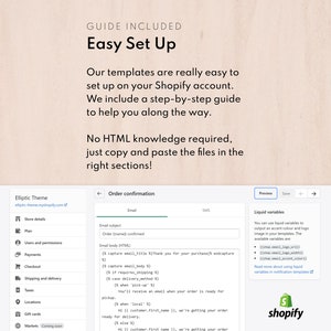 K&ouml;nnte beinhalten: Ein Screenshot einer Shopify-Theme-Einrichtungsanleitung mit einem Men&uuml; auf der linken Seite, das Store-Details, Plan, Benutzer und Berechtigungen, Zahlungen, Checkout, Versand und Lieferung, Steuern, Standorte, Geschenkgutscheine und M&auml;rkte auflistet. Die rechte Seite des Bildschirms zeigt eine Vorschau einer Bestellbest&auml;tigungs-E-Mail-Vorlage mit einem Abschnitt f&uuml;r Liquid-Variablen.