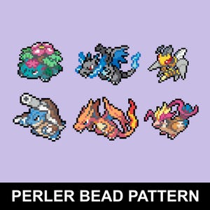 Puede incluir: Arte pixelado de seis criaturas coloridas sobre un fondo morado claro. Las criaturas incluyen una figura vegetal verde y rosa, un dragón azul y negro, una abeja amarilla y gris, una tortuga azul, un dragón naranja y rojo y una criatura marrón y rosa. El texto "PERLER BEAD PATTERN" está en la parte inferior.