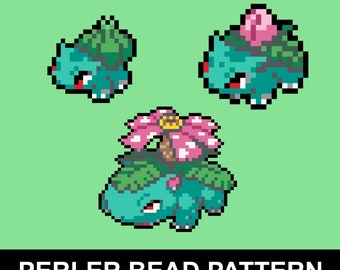 Perlerkralenpatroon bulbasauriërs, klimopsauriërs en venusosaurussen pdf | Pokemon Fuse Bead Pixel Sprite-patroon | Direct downloaden
