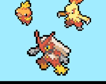 Torchic, Combusken en Blaziken Perler-kralenpatroon pdf | Pokemon Fuse Bead Pixel Sprite-patroon | Direct downloaden