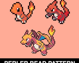 Kralenpatroon Charmander, Charmeleon en Charizard Perler pdf | Pokemon Fuse Bead Pixel Sprite-patroon | Direct downloaden