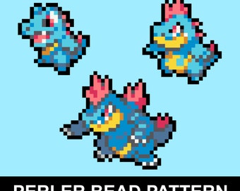 Perler-kralenpatroon Totodile, Croconaw en Feraligatr pdf | Pokemon Fuse Bead Pixel Sprite-patroon | Direct downloaden