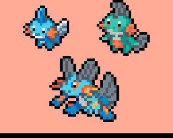 Mudkip, Marshtomp en Swampert Perler-kralenpatroon pdf | Pokemon Fuse Bead Pixel Sprite-patroon | Direct downloaden