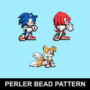 May include: Pixel art of Sonic the Hedgehog, Knuckles, and Tails on a light blue background. Sonic is blue, Knuckles is red, and Tails is orange and white. The text "PERLER BEAD PATTERN" is at the bottom.