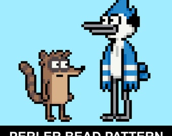 Mordecai en Rigby Perler-kralenpatroon pdf | Smeltkraal pixel spritepatroon | Direct downloaden