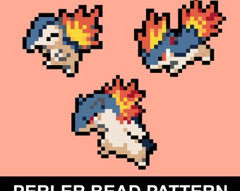 Cyndaquil, Quilava en Typhlosion Perler-kralenpatroon pdf | Pokemon Fuse Bead Pixel Sprite-patroon | Direct downloaden