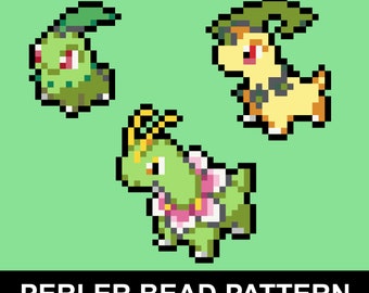 Kralenpatroon chikorita, Bayleef en Meganium Perler pdf | Pokemon Fuse Bead Pixel Sprite-patroon | Direct downloaden
