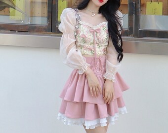 Y2K Floral Blouse Mini Skirt 2 Piece Dress Set Vintage Korean - Etsy Canada