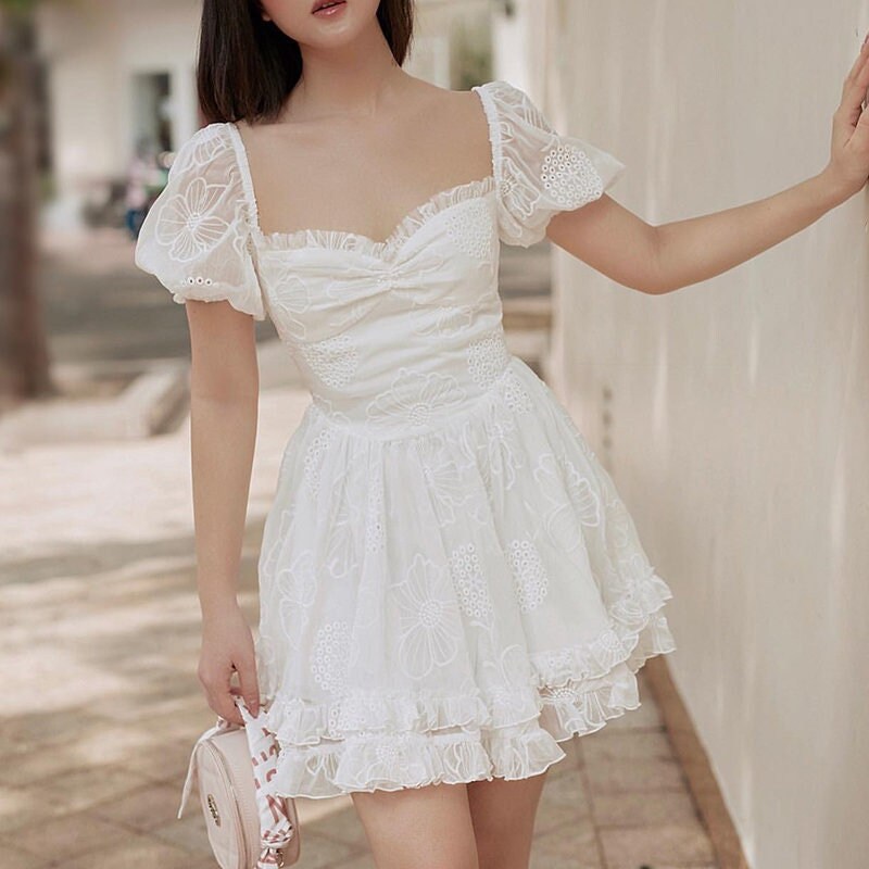 Y2K Cute White Milkmaid Short Sweet Princess Dress Puff - Etsy