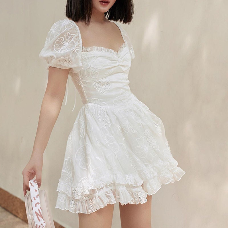 Y2K Cute White Milkmaid Short Sweet Princess Dress Puff - Etsy