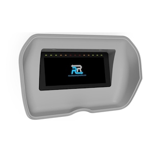 May include: A gray dashboard display with a black screen and a logo that reads REVERSERACEWORKS.COM. The display has a series of colored lights across the top. The display is set in a gray housing.