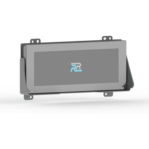 May include: A gray rectangular screen with a light blue logo, mounted in a gray bracket. The screen has a black border and is designed to be mounted. The bracket has mounting holes.