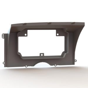 May include: A matte gray plastic automotive dashboard instrument cluster bezel featuring a rectangular central opening, a wide top visor, and multiple mounting tabs along the perimeter for secure installation within a vehicle interior.