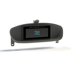 May include: A black dashboard-mounted digital display with a rectangular screen. The screen shows a logo and colored indicator lights. The display is set in a curved, molded housing with mounting brackets.