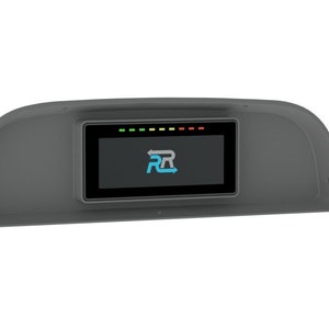 May include: A black dashboard mount with a screen displaying a blue logo with the letters "RR" and an arrow pointing to the right. The screen also shows a row of green, yellow, and red lights.