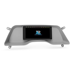 May include: A gray dashboard component with a rectangular screen displaying a logo and text. The screen is surrounded by a black frame and has a series of small lights above it. The component has mounting tabs on each side.