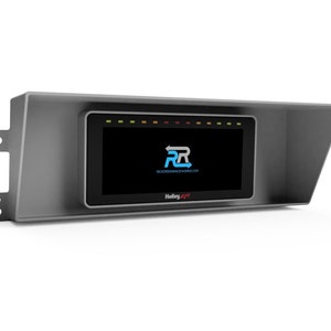 May include: A black and gray dashboard display with a black screen showing the Holley HP logo and the text "Holley HP" and "NEVERUNDERESTIMATERACEWORKS.COM". The display has a gray sunshade.