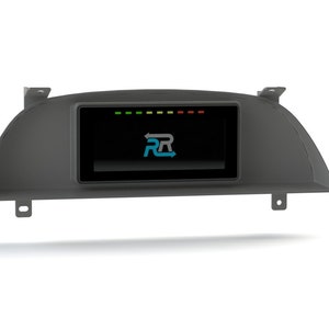 May include: A black dashboard display with a digital screen showing a blue and white logo with the letters "RR" and an arrow. The screen also shows a row of colored lights.