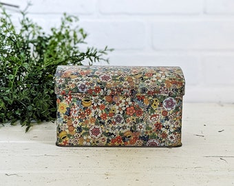 Vintage Floral Tin Storage Box, Recipe Card Holder, Note Card Organizer, Trinket Box, Made in England