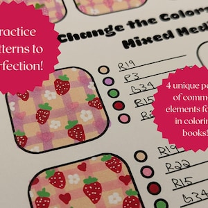 Könnte beinhalten: Eine Malbuchseite mit Erdbeermustern und dem Text "Practice patterns to perfection!". Die Seite enthält Farbfelder und den Text "4 unique pages of common elements found in coloring books!"