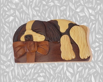 Dog with Bow - Hand-carved wooden keepsake gift box with a hidden felt lined interior compartment.