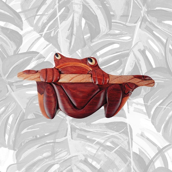 Tree Frog - Hand-carved wooden keepsake gift box with a hidden felt lined interior compartment.