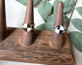 Black and White Checkered Polymer Clay Filled Ring