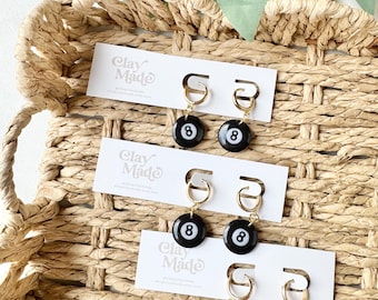 Glossy Eight Ball Huggie Polymer Clay Earrings