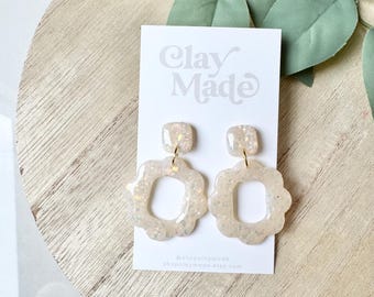 Glossy Opal Scalloped Oval Dangle Polymer Clay Earrings