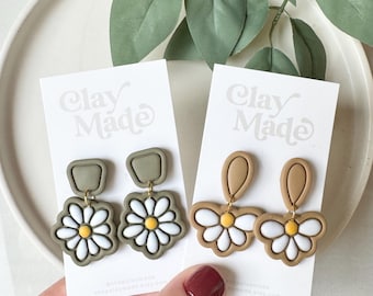 Painted Embossed Daisy Dangle Polymer Clay Earrings