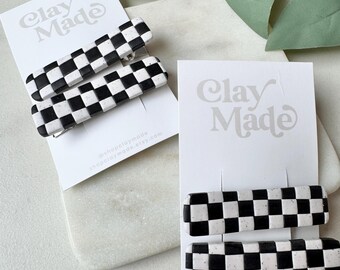 Black and White Checkered Polymer Clay Hair Clips