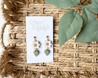 Neutral Daisy Leaf Dangle Polymer Clay Earrings