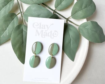 Two-Toned Double Green Oval Dangle Polymer Clay Earrings
