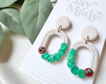 Speckled White Hungry Caterpillar Oval Dangle Polymer Clay Earrings
