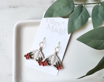 Floral Tan Moth Dangle Polymer Clay Earrings