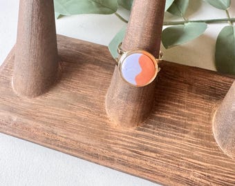 Purple and Rust Squiggle Polymer Clay Filled Ring