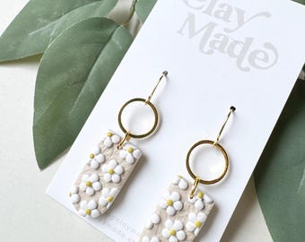 Textured Tan Daisy Slab Arch Dangle Polymer Clay Earrings